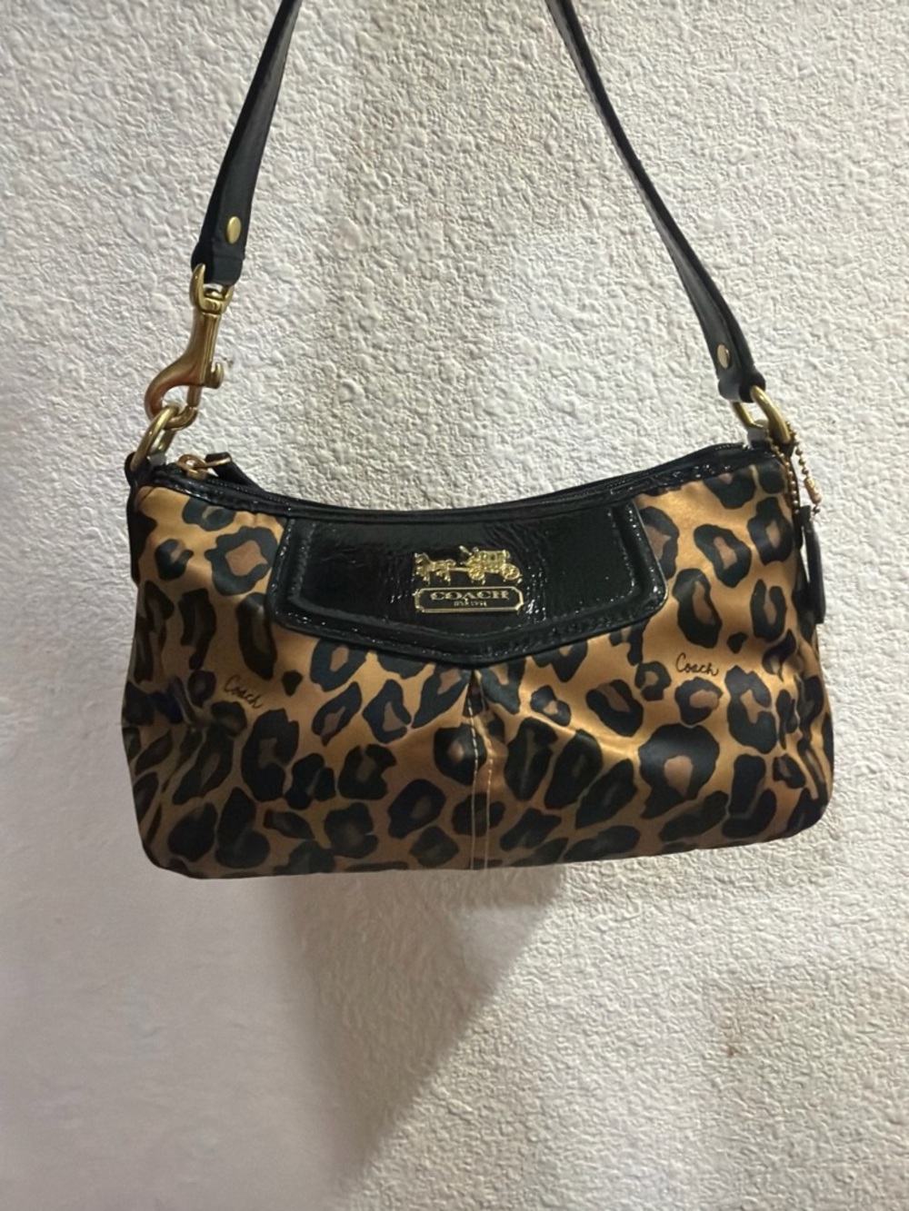 Coach Leopard-Print Shoulder Bag in Brown and Black with Gold Hardware